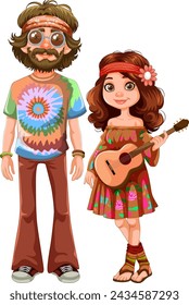 Cartoon hippies with colorful clothing and guitar.