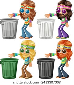 Cartoon hippies sorting trash into bins.