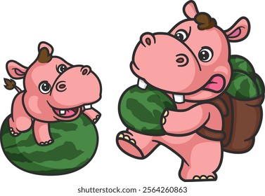 cartoon hippo and baby hippo carrying watermelon from harvest of illustration