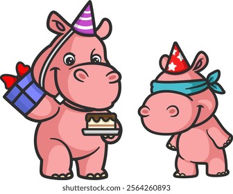 cartoon hippo and baby hippo celebrating birthday of illustration