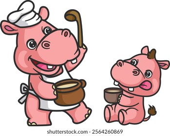 cartoon hippo and baby hippo cooking of illustration