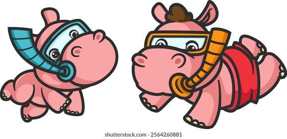 cartoon hippo and baby hippo diving and snorkeling of illustration