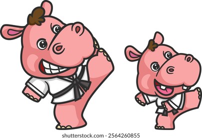 cartoon hippo and baby hippo doing karate activity together of illustration