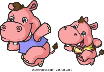 cartoon hippo and baby hippo doing running activity together of illustration