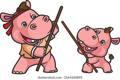 cartoon hippo and baby hippo doing stick sport activity together of illustration