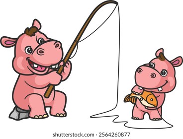 cartoon hippo and baby hippo fishing in holiday of illustration