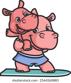 cartoon hippo and baby hippo playing surfing of illustration