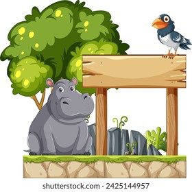Cartoon hippo and bird beside an empty sign.