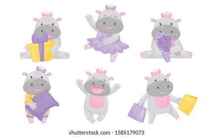 Cartoon Hippo Character Dancing and Holding Pillow Vector Set