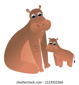 Cartoon hippo character sitting with baby in childish style, zoo animal isolated on white background, design element for poster or pattern, african fauna