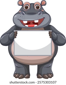 Cartoon hippo with a cheerful expression and sign