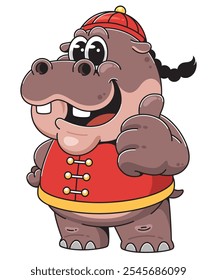 Cartoon Hippo traje chinês Personagem com Polegar para cima