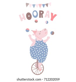 Cartoon hippo circus artist. Hippo on one wheel bicycle. Greeting background. Vector Illustrtion