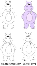 Cartoon hippo. Coloring book and dot to dot educational game for kids