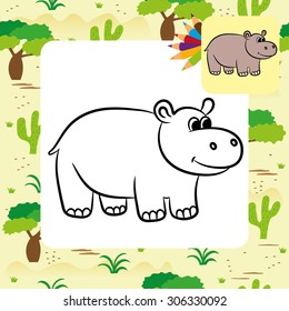 Cartoon hippo. Coloring page. Vector illustration