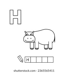 Cartoon-Hippo-Farbseiten. Spiel für kleine Kinder lernen - schreiben Sie ein Wort in englischer Sprache. Vektoralphabet für Kinder