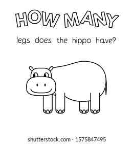 Cartoon hippo counting game. Vector coloring book pages for children education. How many legs does the hippo have