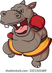 Cartoon hippo doing practicing boxing of illustration