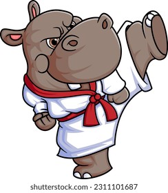 Cartoon hippo doing practicing karate of illustration