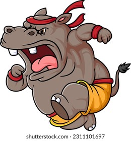Cartoon hippo doing practicing running of illustration