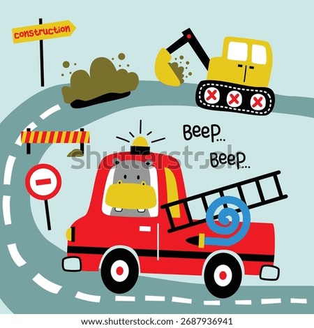 Cartoon hippo driving red fire truck near excavator in construction zone on curved road for kids poster design. Transportation concept
