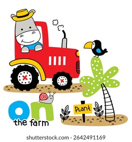 Cartoon hippo driving red tractor on farmland with smiling toucan and tropical plant elements. Children illustration concept
