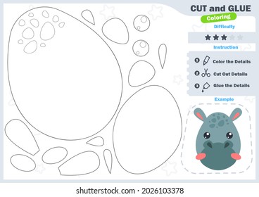 Cartoon hippo. Education paper game for preshool children. Cut parts of the image and glue on the paper. Vector illustration. Cut and Glue Game.
