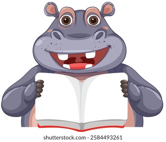 Cartoon hippo enjoying a book with a smile