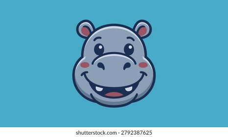 Cartoon hippo face with smiling expression on blue background