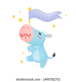 Cartoon hippo with a flag. Vector illustration on a white background.