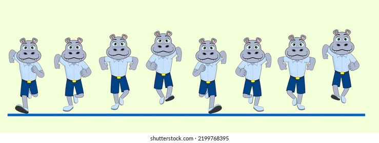 Cartoon hippo Frame by Frame Front Run Cycle, Vector Illustration, school dress with shorts, Ready to use for 2D Animation, Infographics, Animated Explanatory video, Motion graphics, Motion Posters