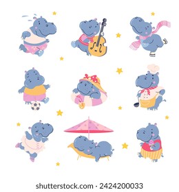 Cartoon hippo. Funny fatty hippos dancing, sleeping, walking and play football or soccer. Isolated wild animals in different situation, nowaday vector characters