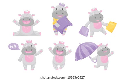 Cartoon Hippo Girl Character Holding Umbrella and Greeting Vector Set