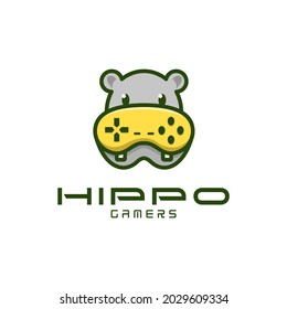 cartoon hippo and joystick gaming logo vector illustration