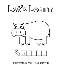 Cartoon hippo learning game for small children - color and write the word. Vector coloring book pages for kids
