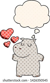 cartoon hippo in love with thought bubble in comic book style