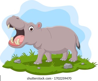 Cartoon hippo with open mouth in the grass