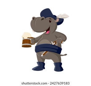 Cartoon hippo pirate animal character clad in feathered tricorn hat and grinning broadly, hoists a frothy tankard. Isolated vector hippopotamus personage exudes a jovial, adventurous revelry spirit