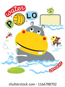 Cartoon of hippo playing water polo with frog, fish and dragonfly