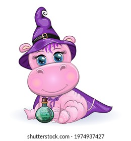 Cartoon hippo with a potion in a purple witch hat and cloak. Halloween poster