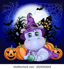 Cartoon hippo with a potion in a purple witch hat and cloak on the background of a castle, pumpkin, moon. Halloween poster