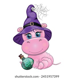 Cartoon hippo with a potion in a purple witch hat and cloak. Halloween poster.