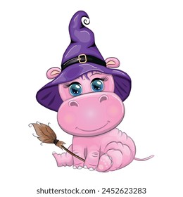 Cartoon hippo with a potion in a purple witch hat and cloak. Halloween poster.