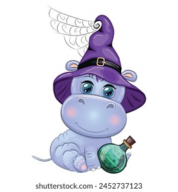 Cartoon hippo with a potion in a purple witch hat and cloak. Halloween poster.