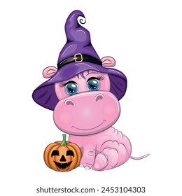Cartoon hippo with a potion in a purple witch hat and cloak. Halloween poster.