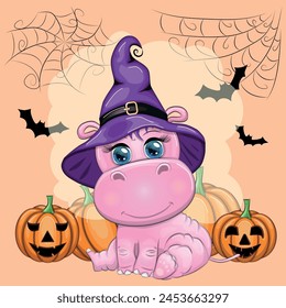 Cartoon hippo with a potion in a purple witch hat and cloak on the background of a castle, pumpkin, moon. Halloween poster