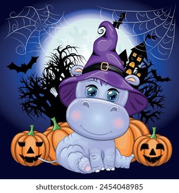 Cartoon hippo with a potion in a purple witch hat and cloak on the background of a castle, pumpkin, moon. Halloween poster