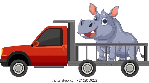 Cartoon hippo riding in a pickup truck bed