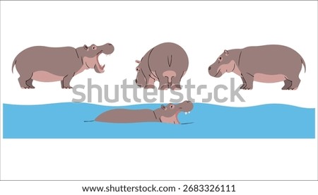 Cartoon hippo set vector illustration white background