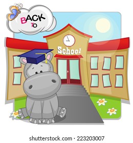Cartoon Hippo is sitting in the background of the school 